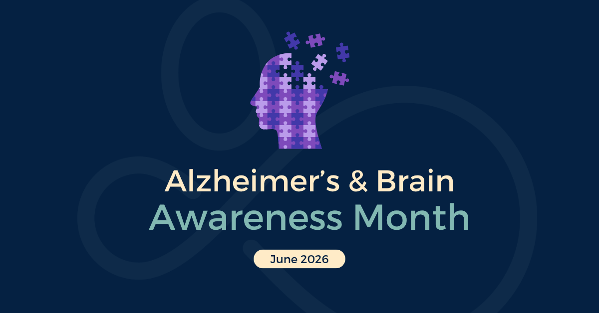 Purple head made out of puzzle pieces. Alzheimer's & Brain Awareness Month. June 2026