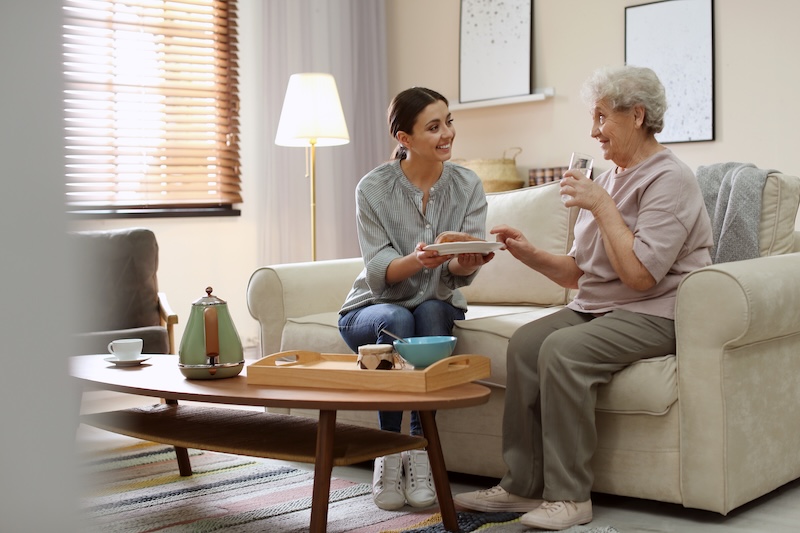 caregiver and senior woman sitting in a living room