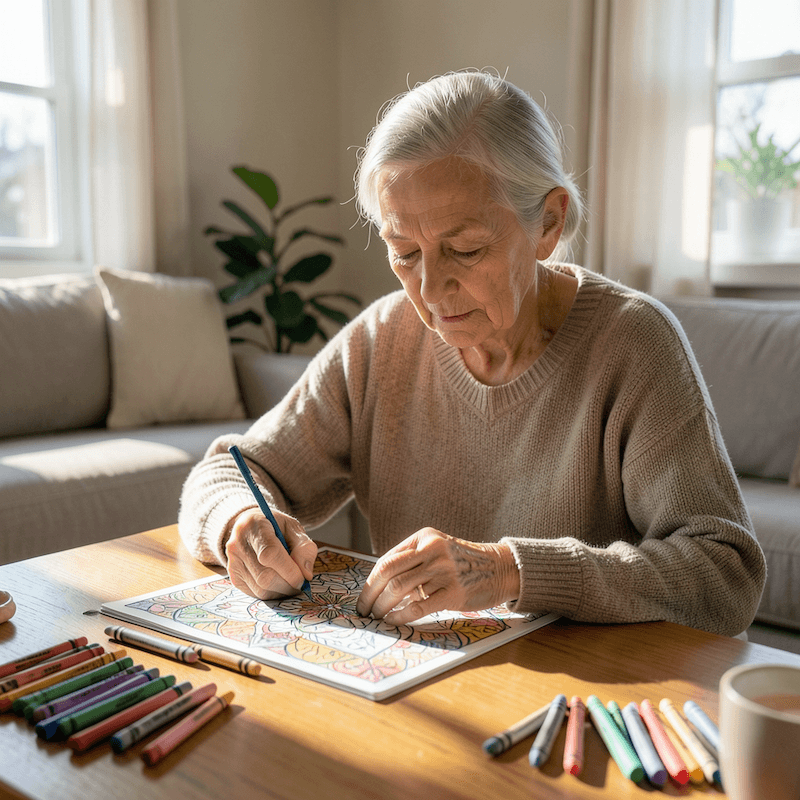 Senior woman practicing mindful coloring