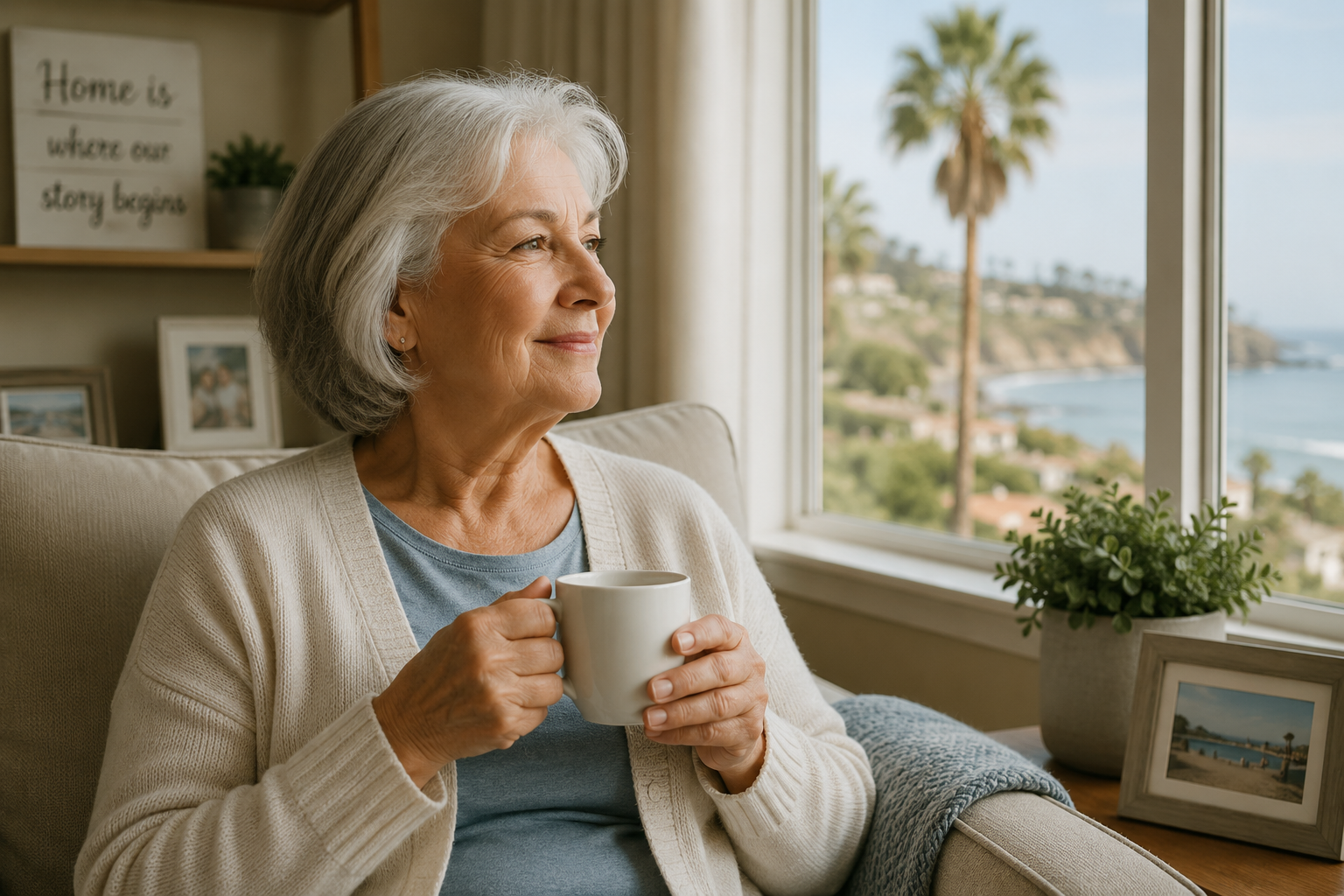 Senior woman aging in place at home in La Jolla San Diego