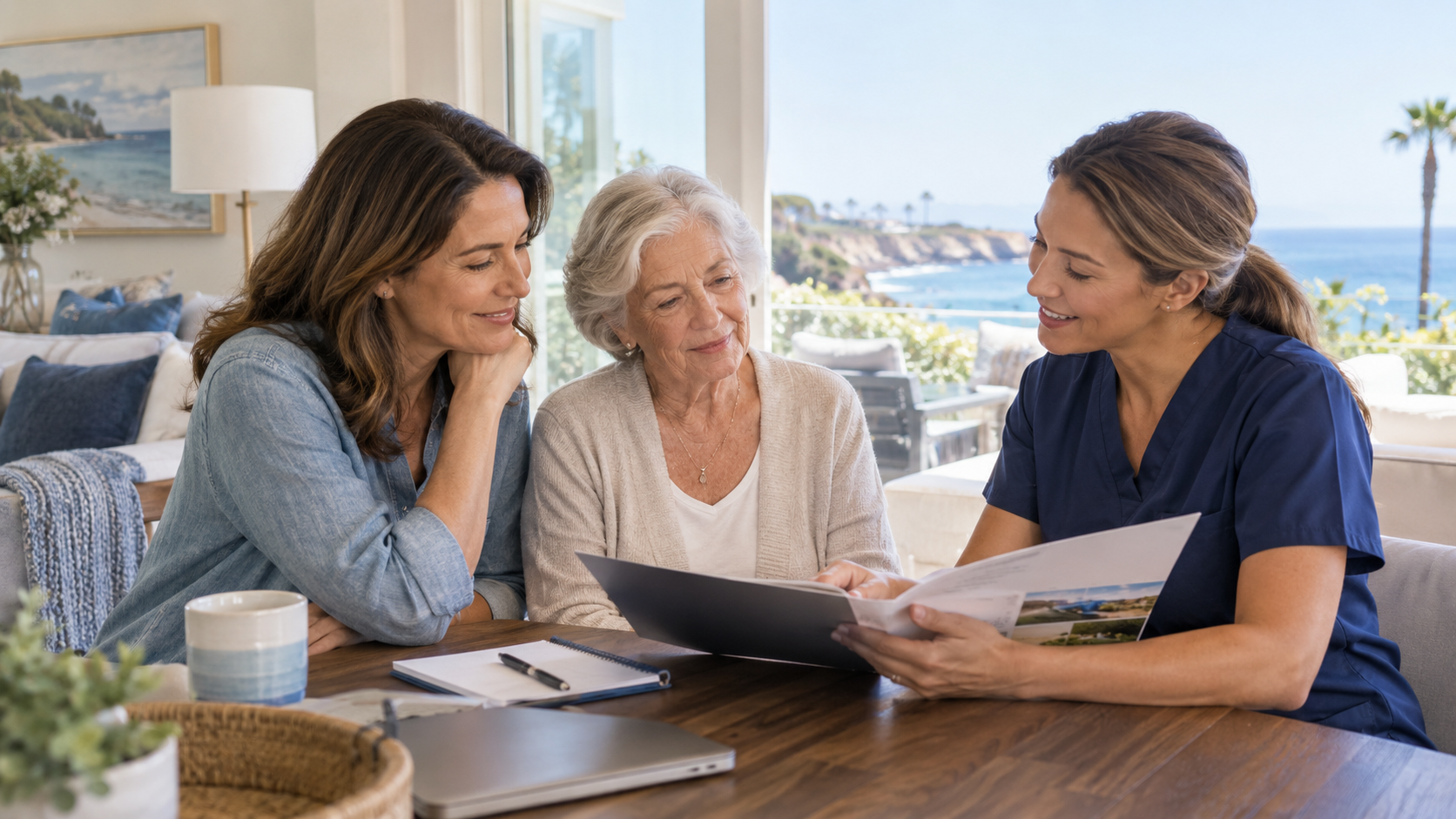 Family reviewing home care options with a caregiver in La Jolla