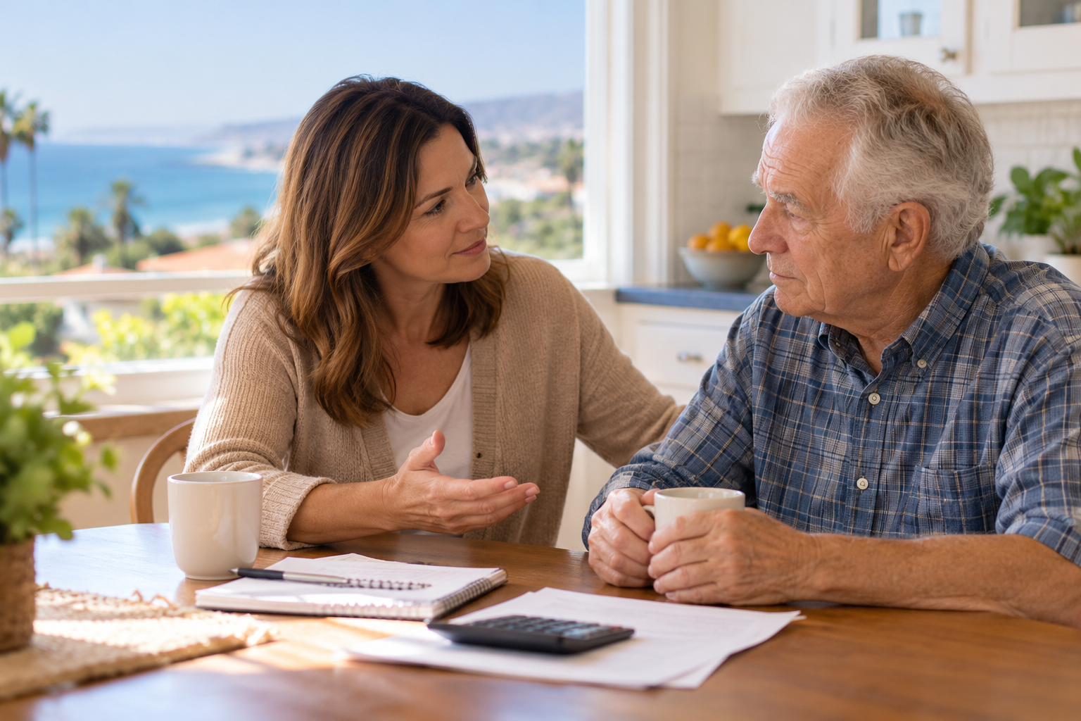 Adult daughter talking with her aging father at his kitchen table in San Diego