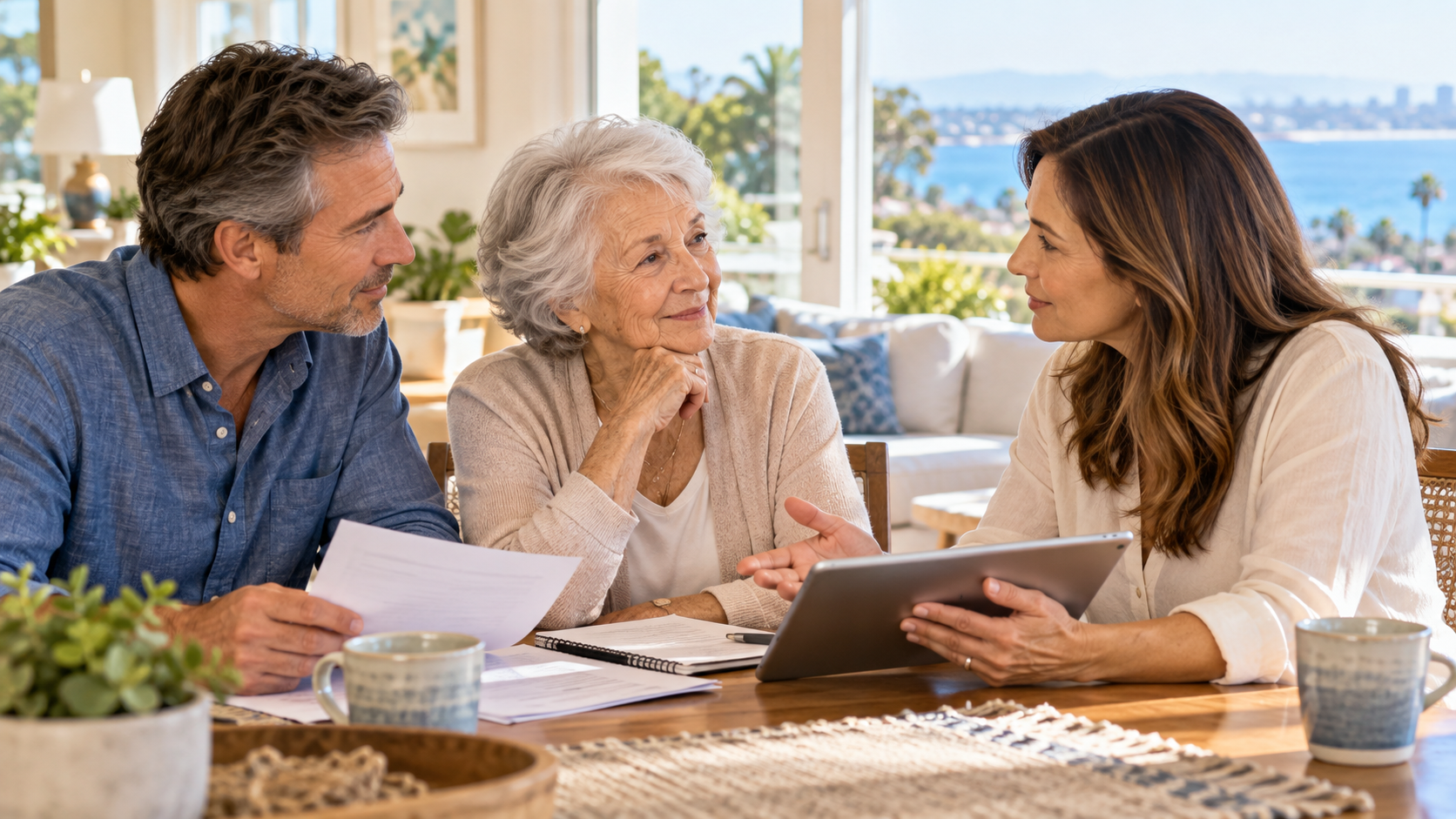 Family discussing care options with an aging parent at home in San Diego
