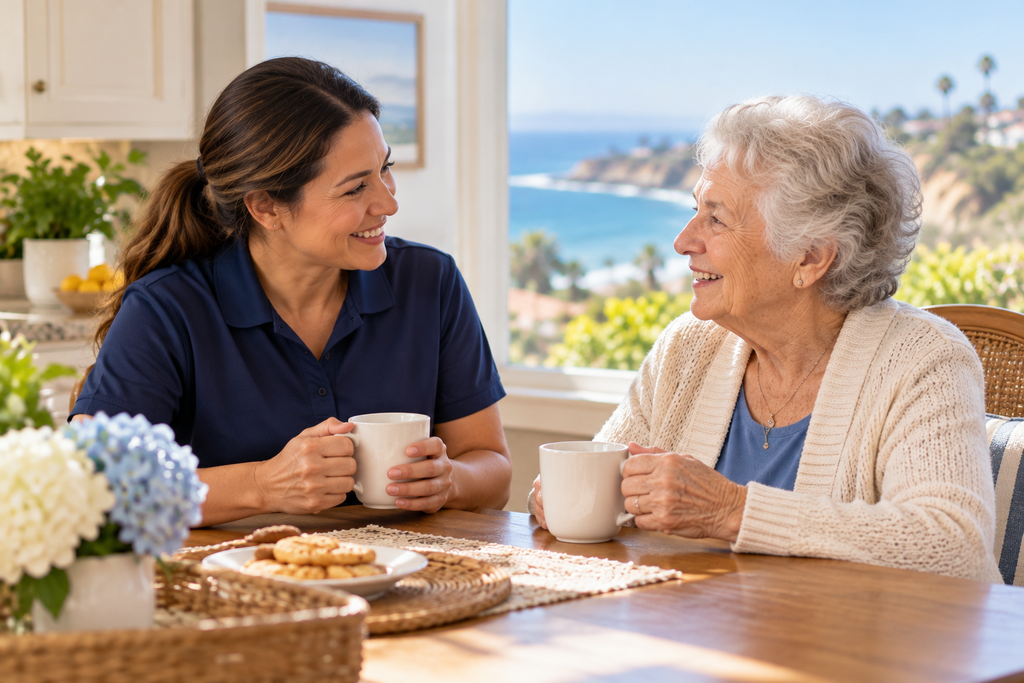Griswold Caregiver having tea with a senior client at home in La Jolla