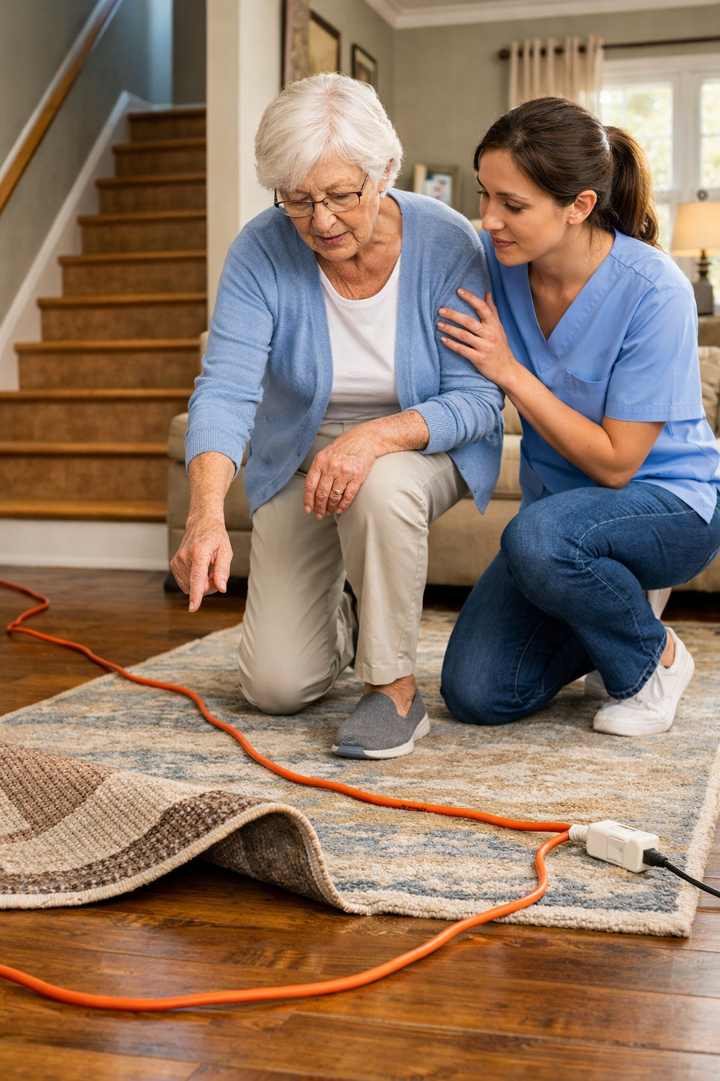 Senior woman and younger caregiver kneeling on a living room floor, pointing out fall hazards including an upturned rug corner and an extension cord stretched across the floor, with a staircase visible in the background.