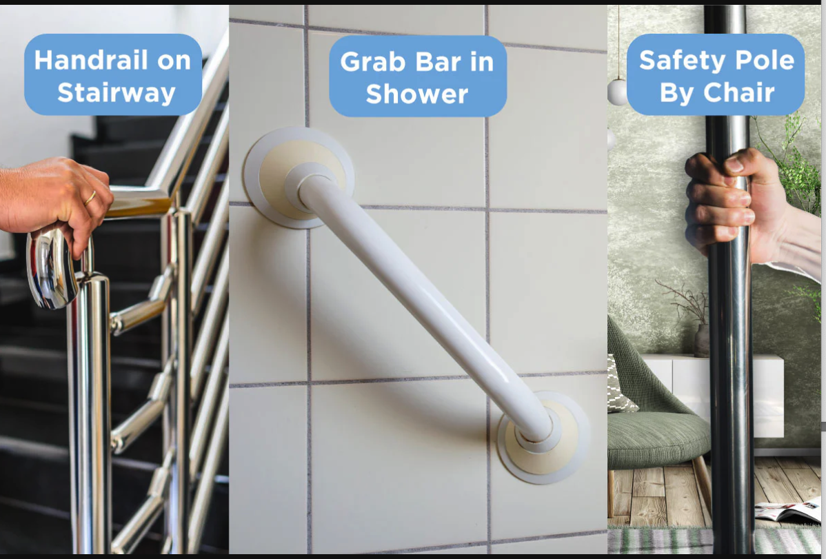Handrail on stairway, grab bar in shower, and safety pole by chair for senior home safety and fall prevention.