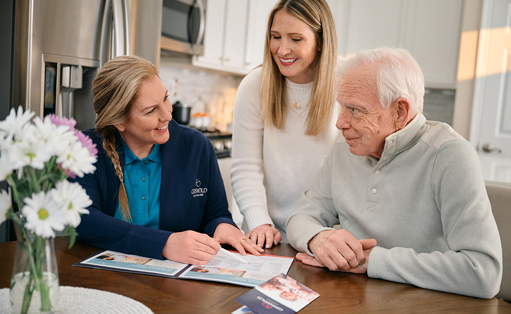 A Caregiver with a client and their loved one reviewing materials together at a table.