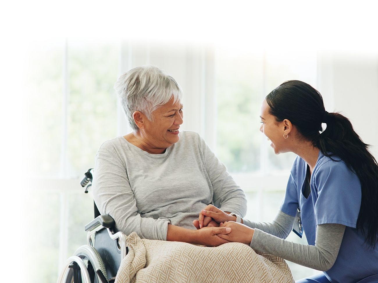 Happy,Woman,,Doctor,And,Holding,Hands,With,Senior,Patient,In