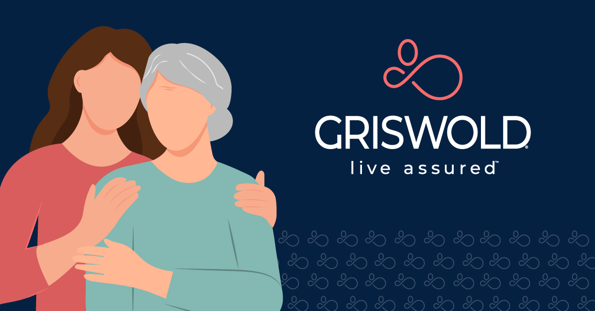 Illustration of a young person with their arm around an older person, next to the Griswold logo and the tagline "live assured" on a dark blue background, symbolizing trusted elder home care services.