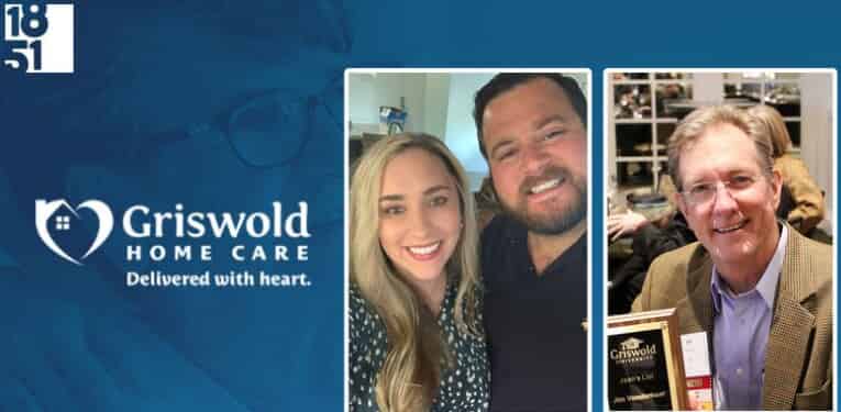 Collage image. Left: Griswold Home Care logo and tagline "Delivered with heart." Center: Smiling couple taking a selfie, enjoying quality time together. Right: Man in glasses holding a plaque and smiling, celebrating excellence in caregiver services.
